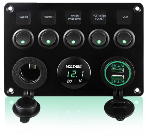 Geloo Pannello con interruttori a pulsante, 12/24 V Impermeabile doppia presa USB caricabatteria Voltmetro Presa accendisigari per auto, barca, camper e camion