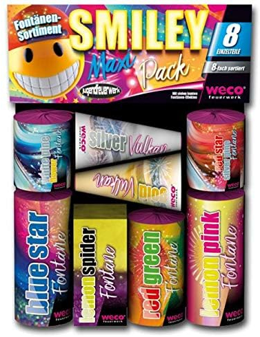 Weco Smiley Maxi Pack 8-teiliges Fontänen-Sortiment Jugendfeuerwerk der neuen Generation, Kinder ab 12 Jahren