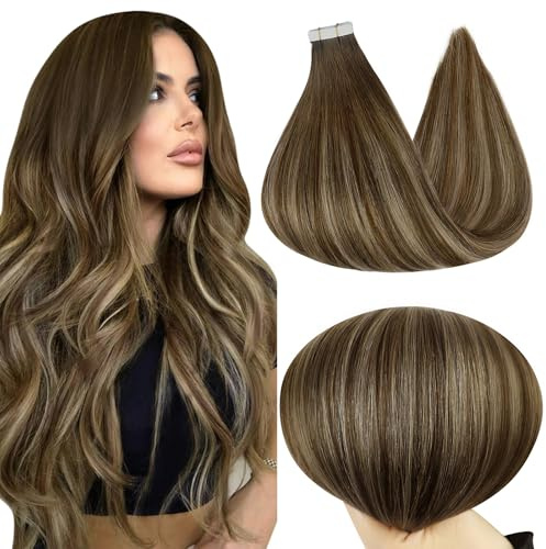 Full Shine Invisible Tape in Hair Extensions Human Hair 18 Inch Tape ins Brown Extensions Color 4/24/4 Balayage Hair Extensions Real Human Hair Seamless Tape ins Human Hair Extension 50Gram 20Pcs