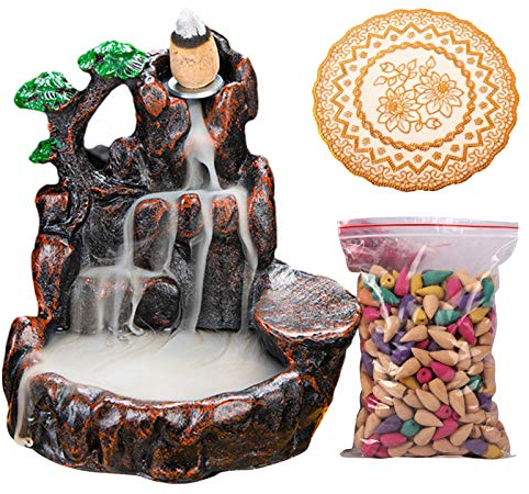 incienso reflujo, cascada, soporte resina para incienso con 50 conos incienso y 1 alfombrilla antideslizante, fuente humo, cascada para meditación zen o yoga decoración