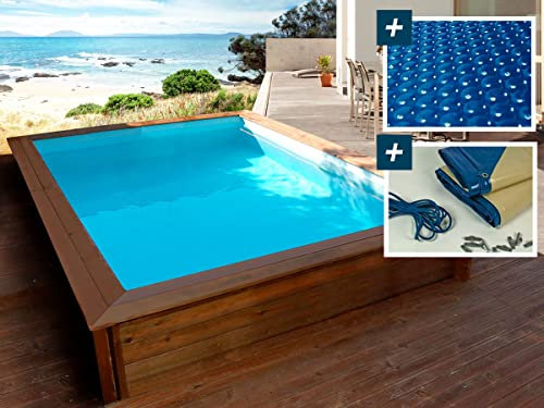 Piscina rettangolare in legno Toledo - 3,00 x 2,00 x 0,71 m - Copertura a bolle 180 µ - Copertura invernale 280 g/m².