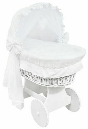 Babymam BABY FULL PURE COTTON BEDDING SET WITH HOOD TO FIT WICKER MOSES BASKET (White)