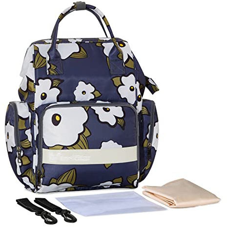 SONARIN Multifonctionnel Imperméable Sacs à Dos à Langer pour Bébé,Sacs à Langer Grande Capacité Sac à Couches de Voyage Portable avec Matelas à Langer & Crochets de Poussette(Fleurs)
