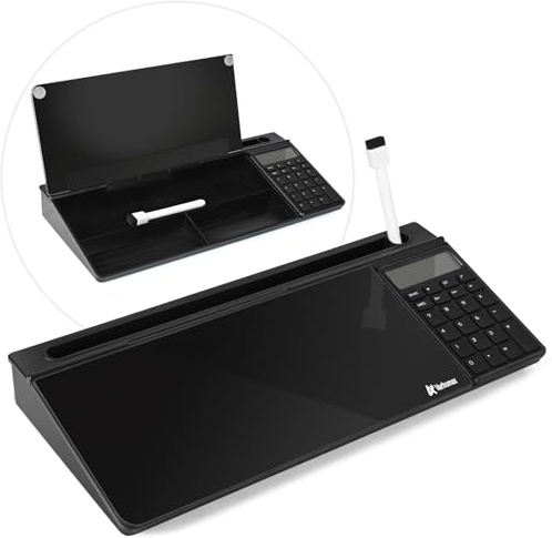 Varhomax Glass Desk Whiteboard Black with Calculator, Desktop Dry Erase White Board with Storage, Desk Board Buddy to Do List Memo Notepad for Home and Office