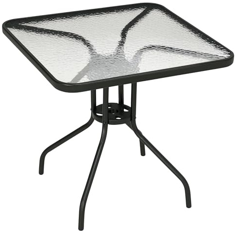 Outsunny Mesa de Jardín Cuadrada Mesa de Comedor Exterior 76x76x72 cm con Agujero para Sombrilla y Encimera de Vidrio Templado para Patio Terraza Negro