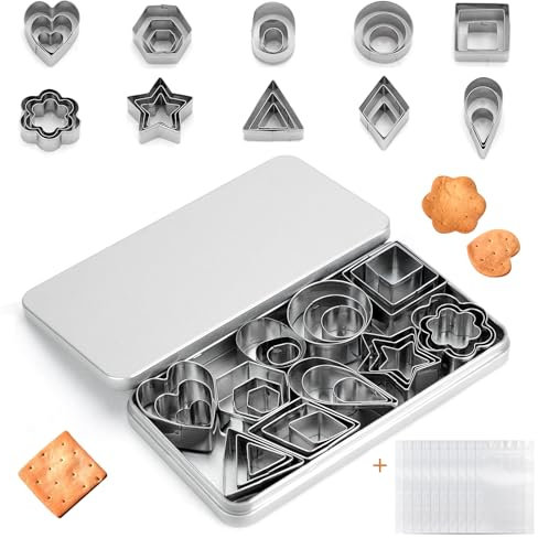 CRITIVE-S 30 PCS Cookie Cutters Set with 10 Cookie Bags, 10 Shapes Biscuit Pastry Cutters for Baking, Stainless Steel Cake Mould with Iron Box for DIY Fondant Dough Sugarcraft Pastry Cake Decoration