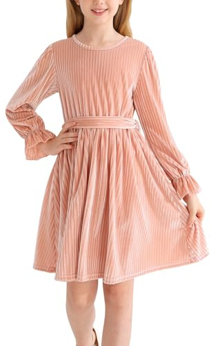 Naiyafly Vestido de manga larga para niña, de terciopelo, cuello redondo, midi otoño, invierno, vintage, vestido festivo para niños, adolescentes, niñas, vestido de fiesta de Navidad, vestidos