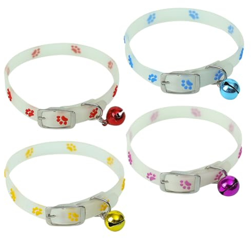 Lot de 4 colliers phosphorescents pour chat - Imperméables et réfléchissants - En silicone - Pour chaton - Pour petits chiens - Anti-perte - Avec clochettes