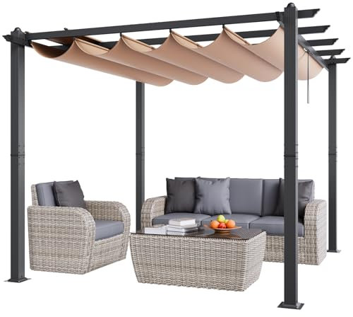 VEVOR Pergola 2,97 x 2,97 x 2,3 m, Pavillon mit Sonnenschutzdach, Gartenpavillon UV50+ UV-Schutzklasse, Terrassenpavillon Überdachung, Gartenzelt für Terrassen, Gärten, Decks, Hinterhöfe (Beige)