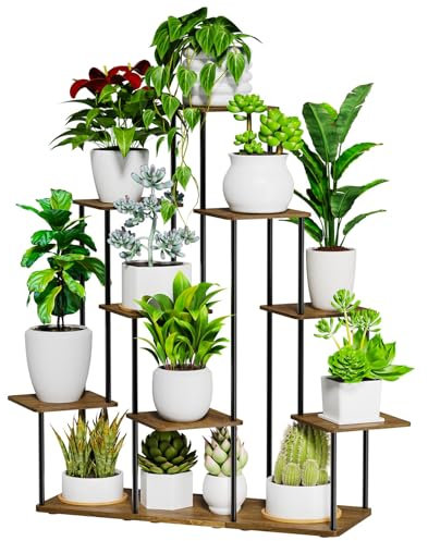 ALTORICO 11 Niveaux Support pour Plantes, 106 cm, Étagère pour Plantes en Métal Bois, Porte Plantes D'intérieur pour Plusieurs Plantes, Support Pot de Fleur le Balcon du Jardin, Salon, Bureau, Noir