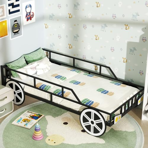 GYMAX Kids Bed Frame, Metal Children Platform Bed with Guardrails, Wheels & Headlights Decorations, Heavy Duty Car-Shaped Toddler Bedframe for Boys Girls, No Box Spring Needed, Black