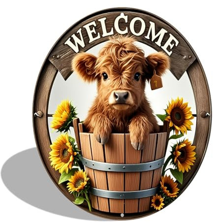 Welcome Sunflowers Highland Cow Metal Sign Round Wall Decor for Home Garden Coffee Bar Wall Decor Gifts 8 In (2528)