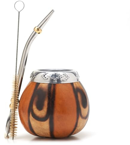 BALIBETOV Yerba Mate Gourd Set (Original Natural Handmade Yerba Mate Cup Argentina) - Includes Mate Tea Cup, Bombilla (Mate Straw) and Clean Brush - Classic Mate Cup and Bombilla Set (NATURAL 02)