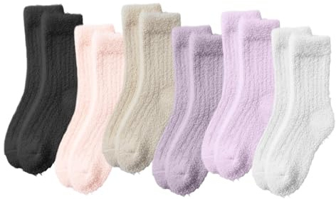 daqoupzi Lot de 6 paires de chaussettes douillettes pour femme 35-38/39-42, chaussettes de sommeil moelleuses pour femme, noir, violet, rose, beige, blanc.