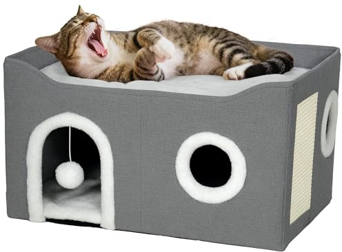PawHut Casa para Gatos Plegable, Cama para Gatos con Rascador, 3 Entradas, Bola Colgante, Cojín Reversible en Felpa y Tipo Lino, para Interior, 60x40x34 cm, Gris