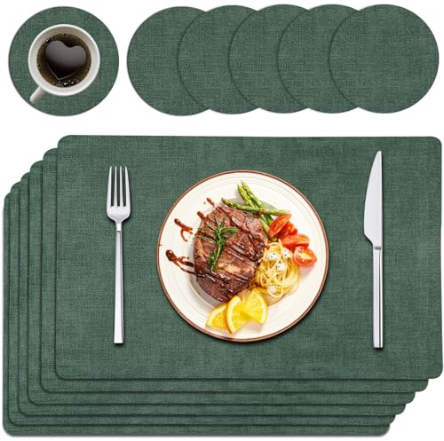 Purejoy placemats table placemats table mats set of 6 place mats for table 6 heat resistant table mats - PU Leather Set, Stain-Proof Wipeable Non-Slip 43×30cm for Kitchen & Dining Table, Army Green