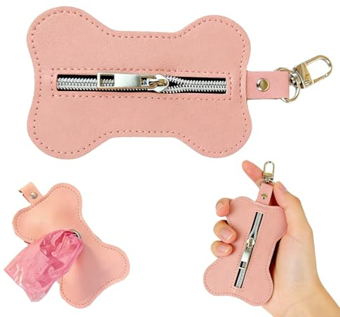 LEIIERUY Dispensador de Bolsas para Excremento de Perro en Cuero Rosa – con Cremallera y Mosquetón, Ideal para Dueños de Mascotas y Entrenadores Caninos (Sin Bolsas)