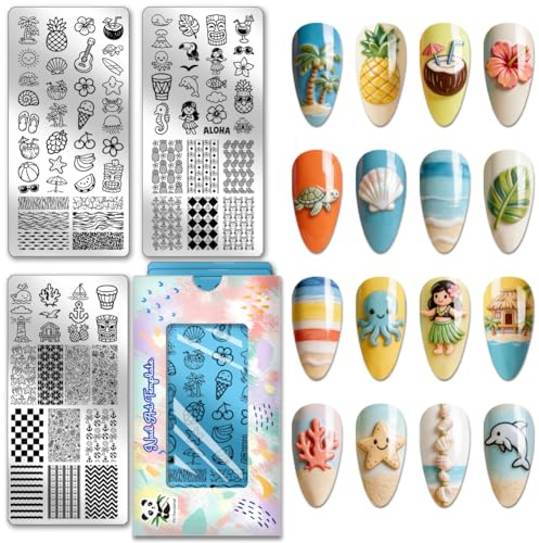 PH PandaHall 3pcs Plaques de Stamping pour Ongles Île Hawaïenne Motifs Fruits et Noix de Coco Pochoirs pour Ongles Style Plage Animaux Marins Plaques D'Images pour Manucures D'Été Impression en Salon