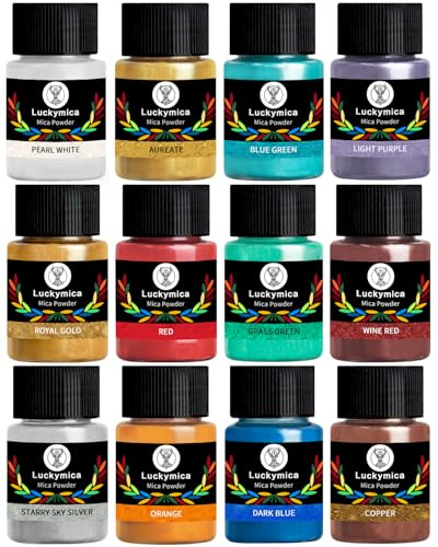Luckymica Polvo de Mica 12 Colores, Pigmentos Perlados para Resina Epoxi, Juego de 120 g de Colorantes Nacarados para Jabones, Velas, Bombas de Baño, Manualidades DIY, Brillo Labial, Artesanía