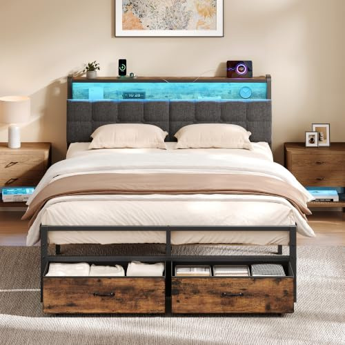 VASAGLE Double Bed Frame with 2 Storage Drawers, LED Lights
