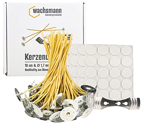 Bienenwachs-Docht aus Hanf – 100 Paraffinfreie Kerzendochte gewachst, Runddocht 11 cm lang, Ø 1,7 mm, für Kerzen bis maximal 4 cm Durchmesser, mit Dochthalter & Klebepunkten, Kerzen selber Machen