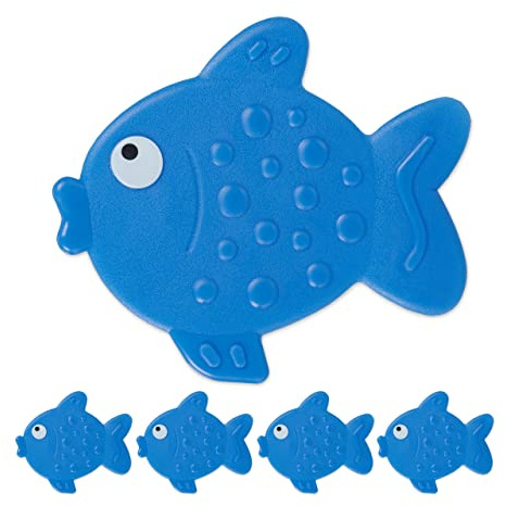 Relaxdays Set of 5 Non-slip Bath Stickers, Fish Design, Shower Pads with Suction Cups, for Kids, HxW: 12.5 x 11 cm, Blue