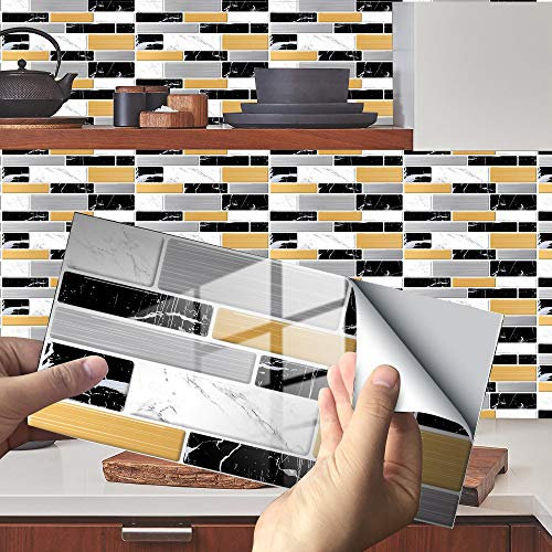 Hiseng 24/48pcs Kitchen Bathroom Marble Wall Tile Stickers, DIY Rectangle Marble Mosaic Style Decals Sticker for Kitchen Living Room Bathroom Home Decor Self-Adhesive (Yellow gray,48pcs)