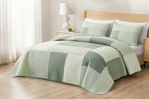 Chezmoi Collection Elm 3-delat elegant lapptäckesset, förtvättat bomullsöverkast, grönblommigt, randigt, lätt och vändbart, för kingsize-säng