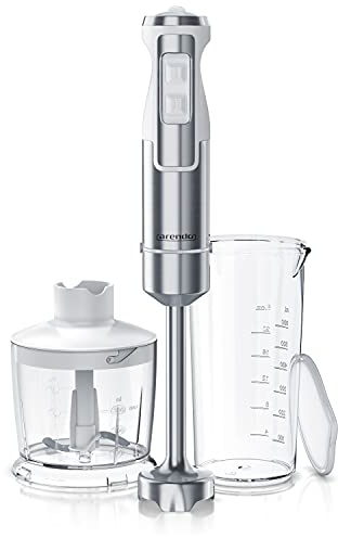 Arendo - Stabmixer Edelstahl, Mix- und Messbecher, 2 Geschwindigkeitsstufen, leichtes Gehäuse, 4-Klingen-Messer, einfache Reinigung, 1000 W, Weiß/Silber