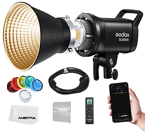 Godox SL60II-Bi SL-60W Upgraded CRI 96+,TLCI 97+ LED Video Light Bi-Colour Daylight Continuous Light 2800-6500K Max.75W Bowens Mount New APP Control with 11-FX Effects Remote Control
