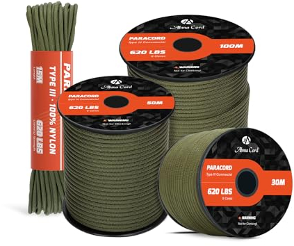 Abma Cord Paracord 4mm 15m 100% Nylon Seil 9 Stränge Typ III Fallschirmschnur für Heimwerker, Camping, Survival, Outdoor - Max 280kg - Armeegrün
