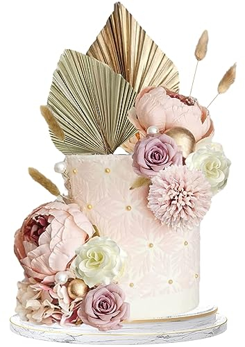 EUDUQ 29 Pezzi Decorazione Torta Compleanno Boema,Decorazioni Torta con Fiori,Foglie di Palma,Erba di Coda di Volpe,Palline Bianche e Dorate,Cake Toppers Adatto per compleanni,Matrimoni,Baby Shower