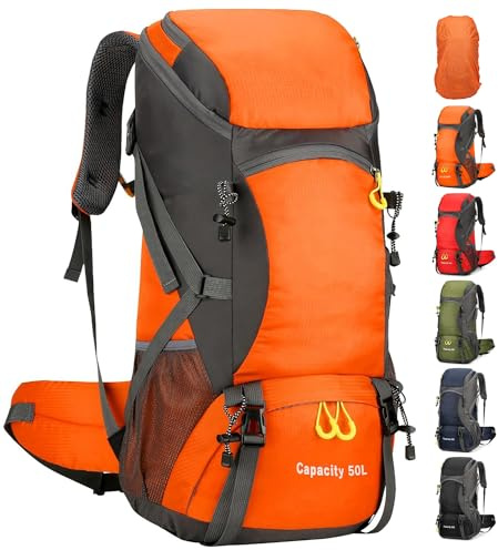 jianyana Hiking Backpack Waterproof 50L Foldable Rucksack Durable Lightweight Camping Bag with Rain Cover for Camping Trekking Hiking Walking Cycling Climbing Outdoor Sports for Women Men Orange