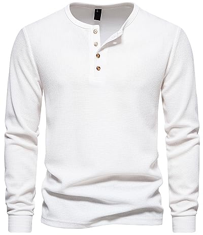 Camisa tipo polo MakingDa de hombre con manga larga, ajuste entallado, cuello abuelo, Henley, con botones, blanco, XL