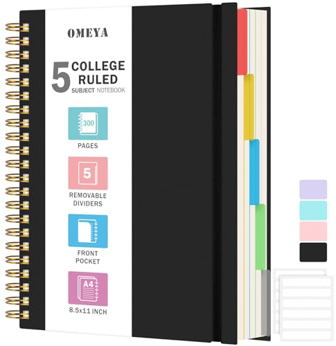 Notizblock, Notizbuch A4 Liniert, Notizbücher Mit 5 Fächern Und Herausnehmbaren Trennblättern, 300 Blatt 100GSM Spiral Notizbuch Softcover Zum Schreiben, Für Arbeit Und Schulbedarf, 21.5 x 27.9cm