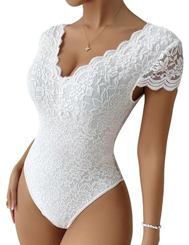 Haibang Body en Dentelle pour Femmes Body Sexy Chic Bodycon Bodysuit Manche Courte Col V Dentelle Top Moulant Haut Shirt Transparente Dos Nu Une Pièc Combinaisons Jumpsuit Élégant Lingerie Clubwear
