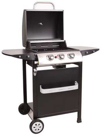 LOFOTEN 2 - Barbecue Gaz 3 brûleurs - Puissance 8,4 kW - 106.5x57.5x104.5cm - Capot avec thermomètre - 2 Grilles en acier chromé, 2 Etagères latérales amovibles, 1 Plateau bas - 2 Roues - Noir
