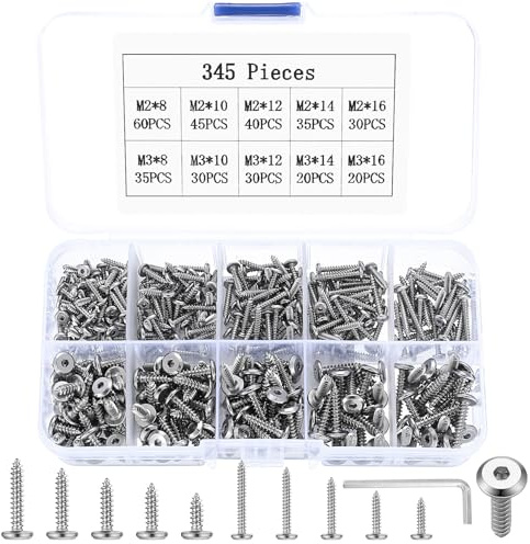 345 Pcs M2 M3 Self Tapping Screws for Wood Screws Assortment Set, Round Head Hex Socket Head Cap Screws, Flat Head Socket Self-Tapping Screws, Furniture Screws for Sheet Metal Screws