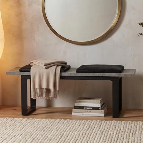 DUBI Möbel Sitzbank LEA, Esszimmerbank 120 cm mit Sitzauflagen gepolstert Holzbank für Esszimmer, Flur, Garderobe mit Metallgestell, Industrial modern Design, Beton Optik, 11301-120-BETO