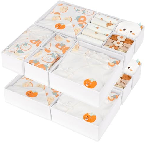 Homsorout 14 Pack Drawer Organiser Clothes - Collapsible Wardrobe Underwear Drawer Dividers Fabric Storage Box Closet Organizers for Baby, Bedroom, Dresser, Nursery, Socks, Cosmetics (White)