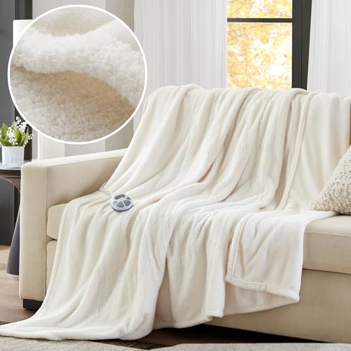 Serta Heated Blanket, Electric Twin Size Blanket, Soft, Warm, Fuzzy Heating Blanket Twin for Office, Couch, 1-12 hr Auto Shut Off Timer, 10 Lv Heat Setting, ETL Certified, Twin 62 x 84 Ivory