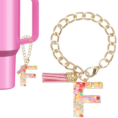 PATIKIL Bokstavsberlock för Stanley Cup, söt initial F berlock tillbehör för Stanley tumbler handtag nyckelring personlig charm för kvinnor, rosa