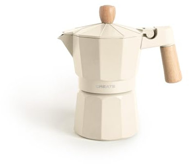 CREATE / THERA MOKA RETRO/Cafetera italiana sin adaptador para inducción blanco roto/Capacidad de 6 tazas, aluminio, 350 ml, válvula de seguridad, apta para gas, cocina eléctrica o vitro