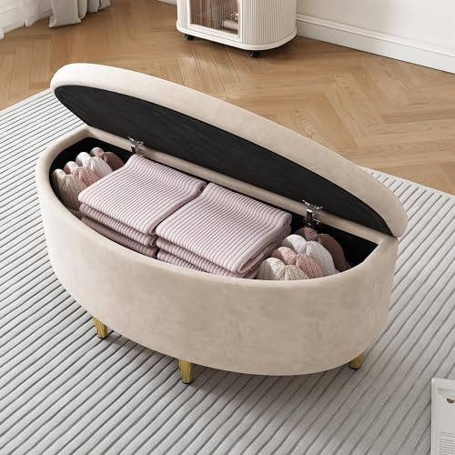 SUKY Panca imbottita con vano portaoggetti 90x40x42 cm, contenitore in velluto, poggiapiedi metallo, adatta corridoio, soggiorno, camera da letto, beige