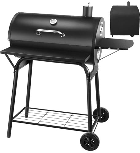BBQ Grill Smoker With Side Shelves, Barbecue Garden Grill with Temperature Gauge, Outdoor Oil Drum Camping Barbeque Charcoal BBQ Barrel