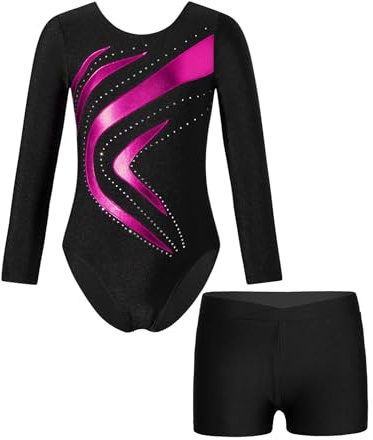 Monduelle Gymnastikdräkt för flickor, långärmad gymnastikdräkt med shorts, metallisk balettdräkt, balettröja, trikå, för tävling, dansdräkt