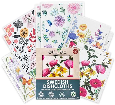 10 PCS Flower Print Swedish Dishcloths for Kitchen,100% Biodegradable, Reusable Cellulose Sponge Cloths, Ultra Absorbent, Eco Friendly Cleaning Towels Dishcloths for Washing Dishes & General Cleaning