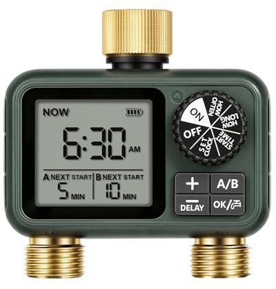 WILAWELS Programador de Riego de 2 Válvulas, Ordenador de Riego Automático, Temporizador para Grifo de Manguera de Jardín, Función de Retraso por Lluvia, Patio y Césped, Verde Oscuro