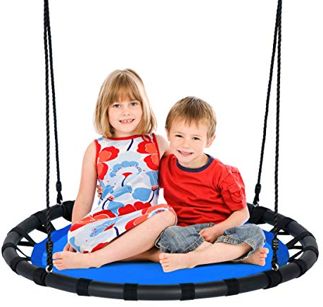 GYMAX Kids Nest Swing, 40”/100cm Round Tree Swings with Height Adjustable Hanging Ropes, Indoor Outdoor Children Saucer Swing for Backyard Garden, 150kg Capacity (Blue)