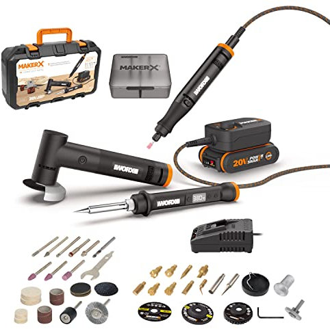 Worx 20V 3-Tool MakerX Combo Kit WX991, Rotary Tool+Wood & Metal Crafter+Angle Grinder, with 48pcs Accessories Kit,1* HUB Adapter, PowerShare, 1 * 2.0Ah Battery, 1 * 2A Charger